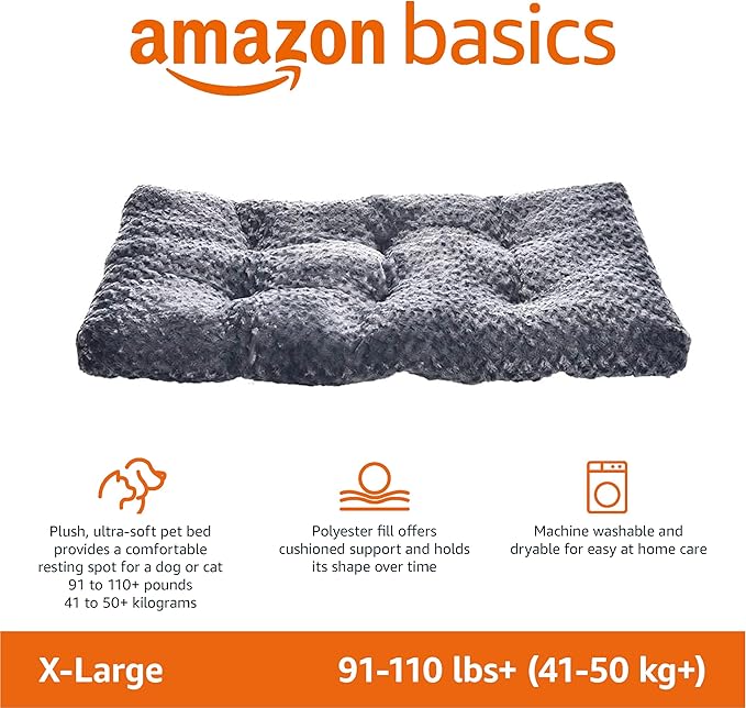 Amazon Basics Machine Washable Plush Pet Bed and Dog Crate Pad, X-Large, 46 x 29 x 4 Inches, Gray