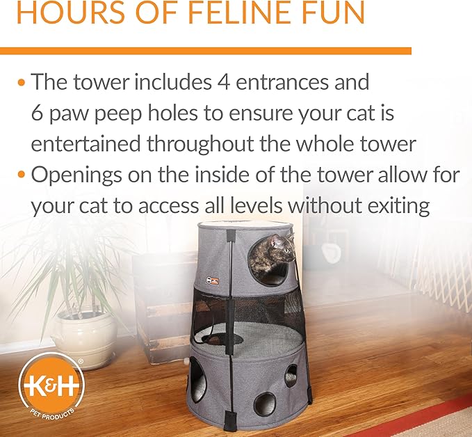 K&H Pet Products Cat Playground Bundle with 3 Level Tower + Straight Tunnel Tube + 2 Level Tower, Cat Tower Tree Condo for Indoor Cat Playground, Kitty Activity Tree Cave Cozy Hideaway Center, Gray