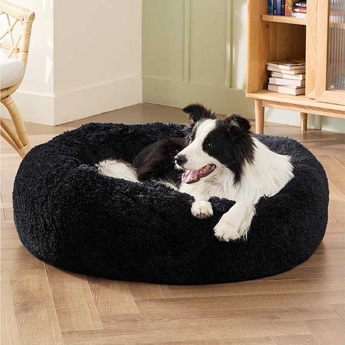 Bedsure Calming Dog Bed for Large Dogs - Donut Washable Large Pet Bed, 36 inches Anti-Slip Round Fluffy Plush Faux Fur Dog Bed, Fits up to 100 lbs Pets, Black