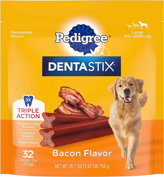 PEDIGREE DENTASTIX Large Dog Dental Treats Bacon Flavor Dental Bones, 1.67 lb. Pack (32 Treats)