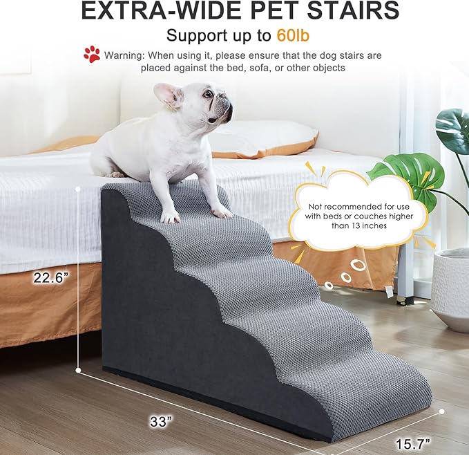 Ryoizen Dog Stairs Ramps for Small/Medium Dogs to Beds Couch Up to 25'', 5-Step Dog Steps with Sturdy High-Density Foam, Pet Stairs with Non-Slip Bottom for Puppy and Cat, Gifts Hair Remover Roller