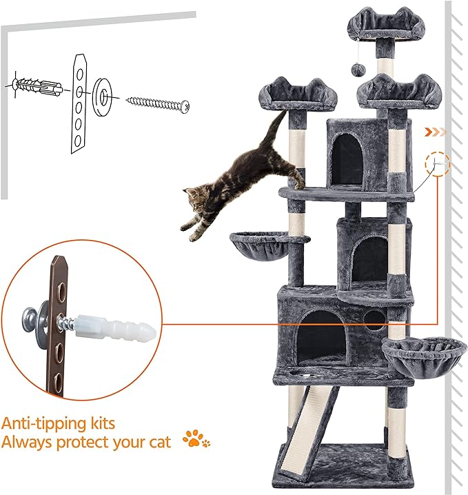 Yaheetech 76.5in Cat Tree Cat Tower with 3 Condos, 3 Cozy Perches, 9 Scratching Posts, 2 Baskets, Dangling Ball, Pet Bed Furniture Activity Center for Indoor Cats and Kittens