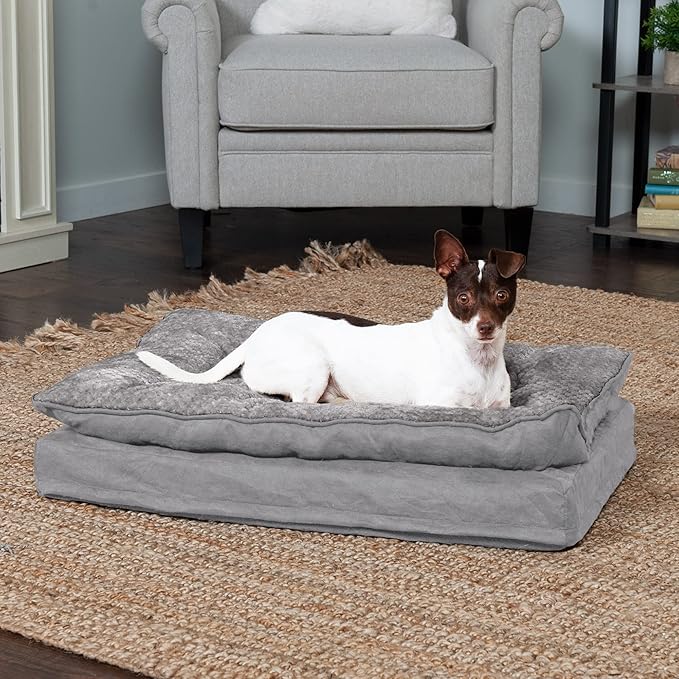 Furhaven Orthopedic Dog Bed for Medium/Small Dogs w/ Pillow Cushion Top & Removable Washable Cover, For Dogs Up to 35 lbs - Minky Plush & Suede Pillow Top Mattress - Titanium Gray, Medium