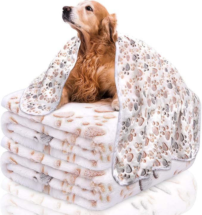 Blanket for Dogs,3 Pack Dog Blankets for Medium Dogs,Washable 41" x 31",Cute Paw Pattern,Soft Pet Mat Throw Cover for Kennel Crate Bed,Pet Blanket for Dog,Cat (White)