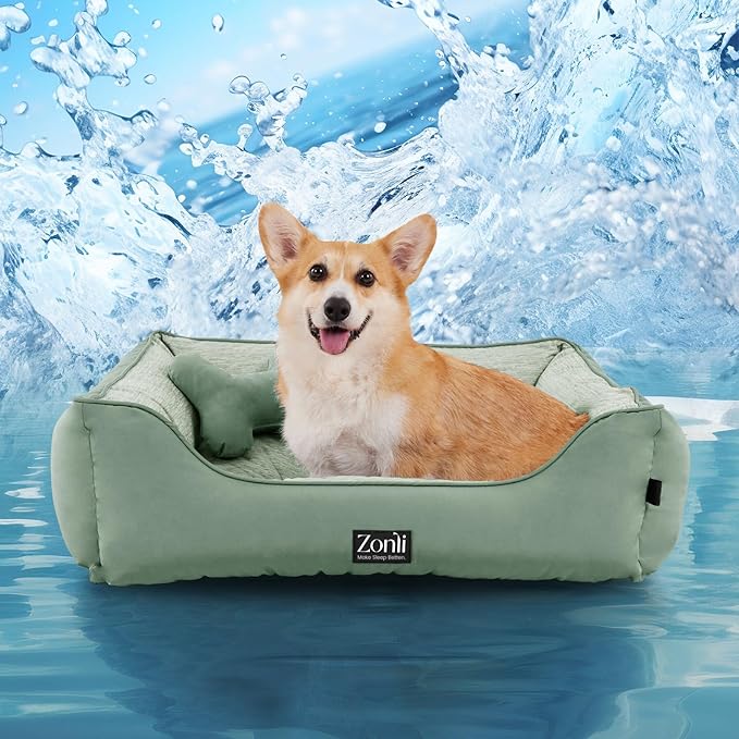 ZonLi Cooling Dog Bed, Dog Bed for Medium Dogs, Dog Cooling Bed with Bolsters Waterproof, for Dogs Up to 30 lbs, Pet Bed with Washable Cover, Non-Slip Bottom, without Gel, Mint Green