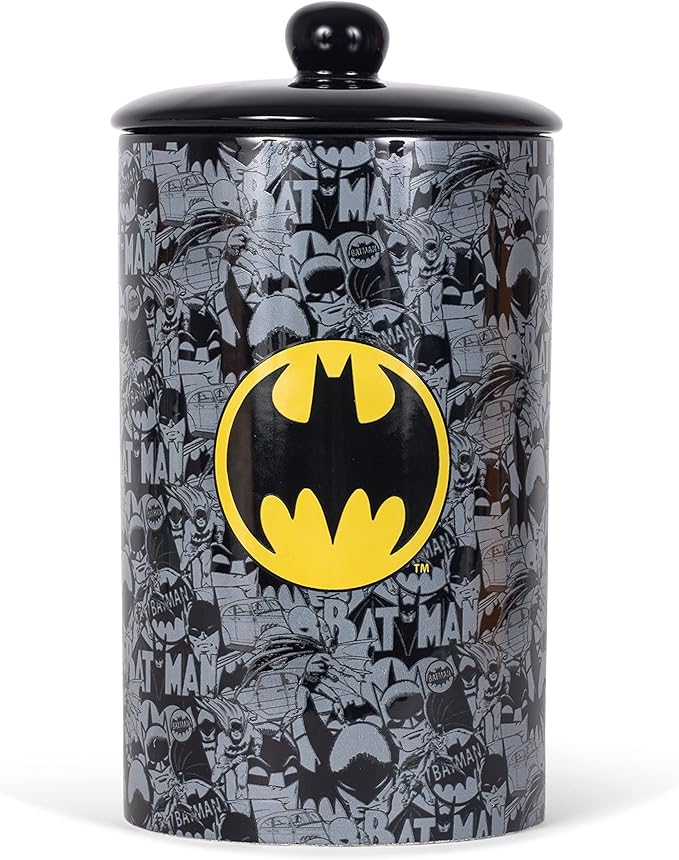 DC Comics Batman Vintage Ceramic Dog Treat Jar | 10"x 5" Dog Treat Jar with Lid | Dishwasher Safe Batman Black Dog Food Storage Container Cylinder for Dog Treats