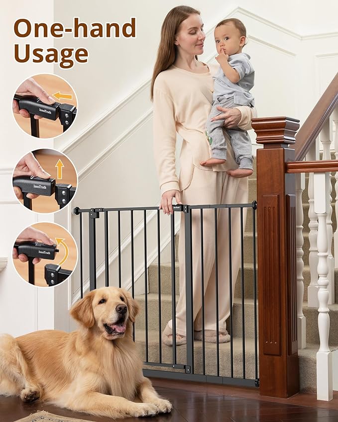 InnoTruth Baby Gate for Stairs 28.9-42.1" Wide, 30" Tall Easy Step Walk Through Expandable Dual Lock Dog Gates for The House, Metal Pressure Mounted Easy Install Pet Gate for Dogs, Black