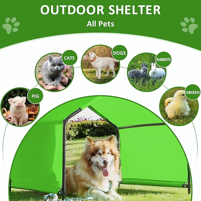 Dog Shade Shelter Outdoor Green Tent for Large Medium Dogs, 4'x4'x3' Outside Sun Rain Canopy Pet House for Cats Pigs Livestock with Waterproof Roof Ground Nails