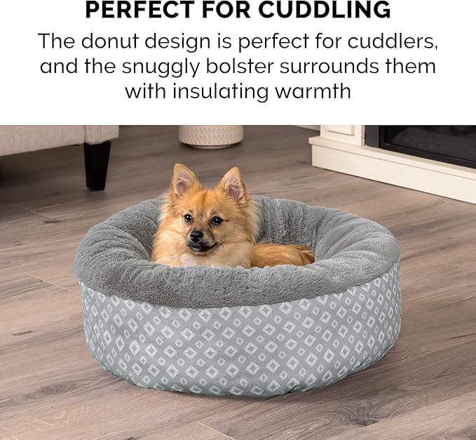 Furhaven 45" Round Donut Dog Bed for Large Dogs, Refillable w/ Removable Washable Cover, For Dogs Up to 90 lbs - Plush & Diamond Print Donut Bed - Gray, Jumbo/XL, 45.0"L x 45.0"W x 9.0"Th