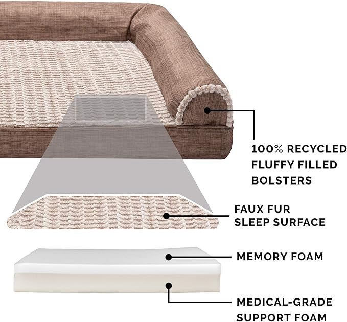 Furhaven Memory Foam Dog Bed for Medium/Small Dogs w/ Removable Bolsters & Washable Cover, For Dogs Up to 35 lbs - Luxe Faux Fur & Performance Linen Sofa - Woodsmoke, Medium