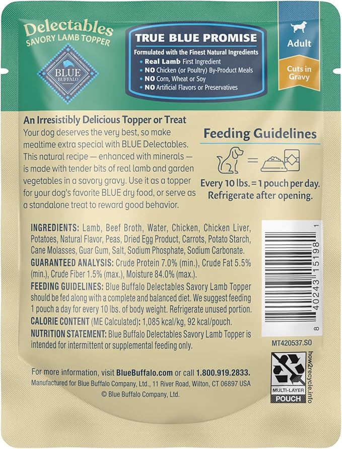 Blue Buffalo Delectables Natural Wet Dog Food Topper, Lamb Dinner 3oz (Pack of 24)