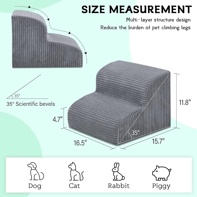 Dog Stairs & Steps for High Beds, 2 Steps High Density Foam Waterproof Dog Ramp for Small Dogs and Cats, Pet Stairs with Removable Washable Cover for Bed, Couch, Sofa and Car (H: 11.8")