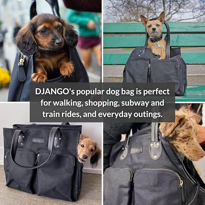 DJANGO Dog Carrier Bag - Waxed Canvas and Leather Soft-Sided Pet Travel Tote with Bag-to-Harness Safety Tether & Secure Zipper Pockets (Large, Black)