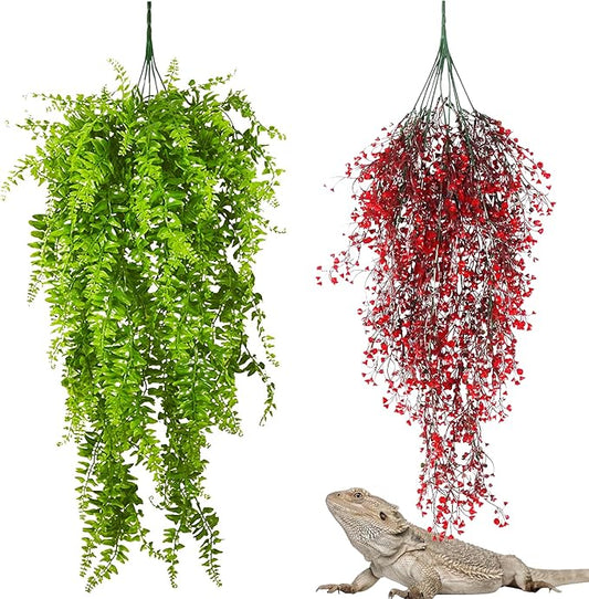 PINVNBY 2 Pack Reptile Plants Terrarium Hanging Fake Vines with Suction Cup Artificial Leaves for Bearded Dragons Lizards Geckos Snake Hermit Crab (Red and Green)