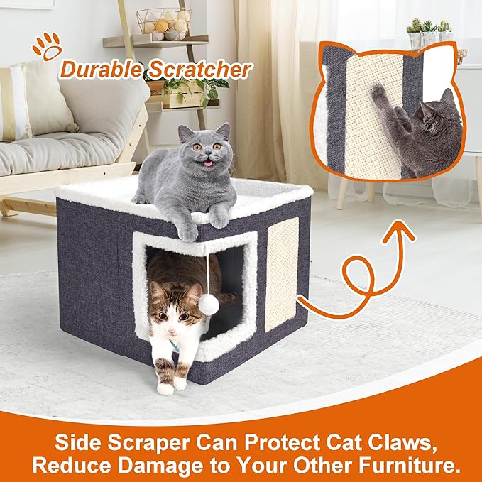 Cat Houses for Indoor Cats - Large Cat Bed Cave for Cat House with Scratch Pad and Fluffy Ball, Foldable Cat Hideaway with Reversible Cushion Cat Condo for Multi Small Pet, Dark Grey