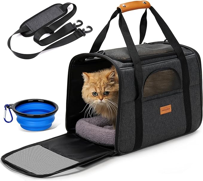 Morpilot Large Cat Carrier - Soft Sided Cat Carrier Large for Big Medium Cats and Puppy up to 20lbs, Pet Carrier with Safety Zippers, Foldable Bowl, Pet Travel Carrier Bag - Dark Gray Large