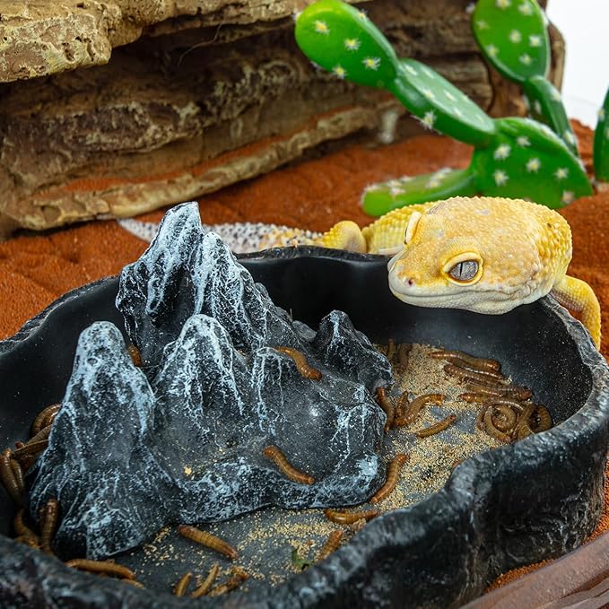 2 Pack Large Reptile Food Bowl and Water Bowl Set, Drowning Prevention Reptile Water Dish and Reptile Food Dish with Simulated Rockery, Reptile Feeder Terrarium Decoration Bowls