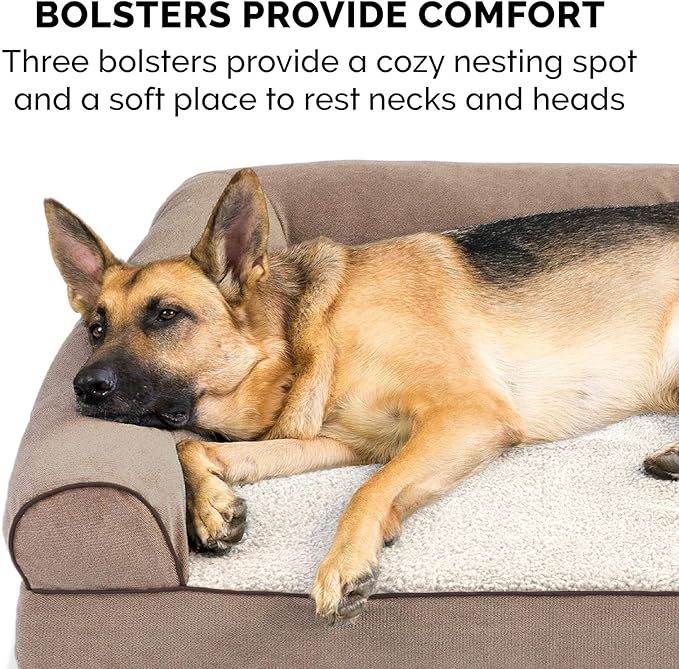 Furhaven Cooling Gel Dog Bed for Large Dogs w/ Removable Bolsters & Washable Cover, For Dogs Up to 95 lbs - Sherpa & Chenille Sofa - Cream, Jumbo/XL