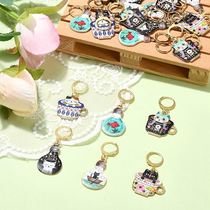 KitBeads 12 Sets 6 Styles Enamel Cat Stitch Markers Colorful Kitten Fish Charms Cute Cup Animal Stitch Marker Charms for Jewelry Making Bulk
