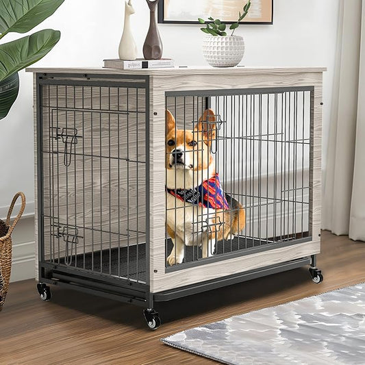 NicBex Dog Crate Furniture, 23.6" L Dog Crates for Small Dogs, Small Dog Crate with Double Doors, Wooden Dog Kennel Indoor for Small Medium Dog up to 25lb, Dog House with Cushion Grey