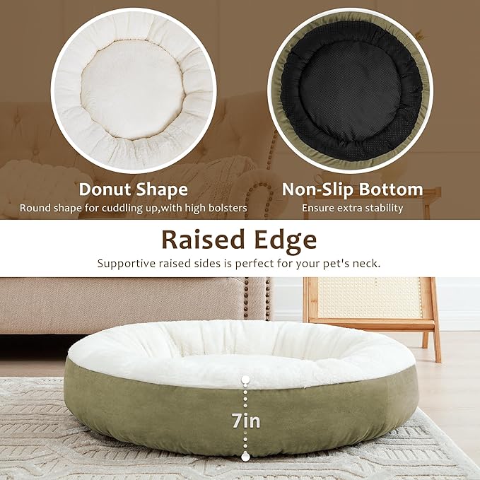 Love's cabin Round Donut Cat and Dog Cushion Bed, 25in Pet Bed for Small or Medium Dogs, Anti-Slip & Water-Resistant Bottom, Soft Durable Fabric Pet Beds, Washable Calming Cat & Dog Bed Olive Green