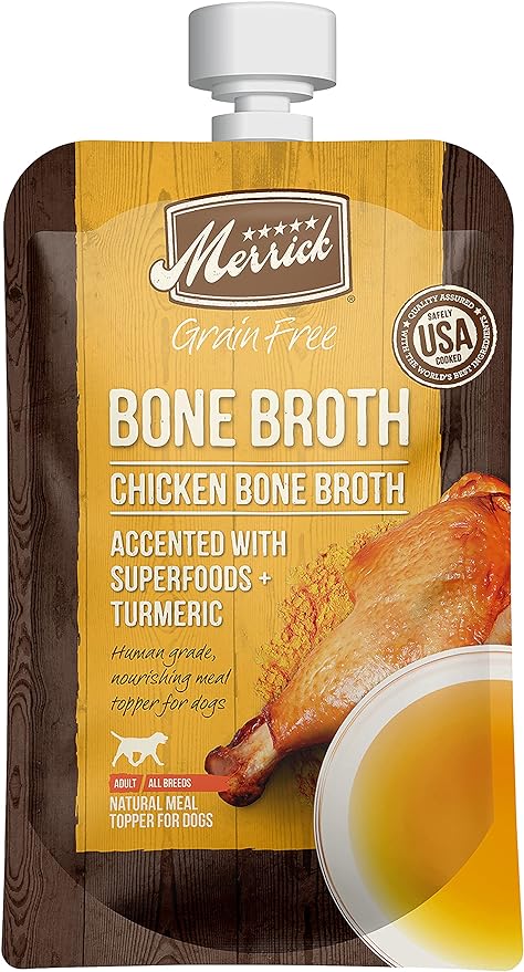 Merrick Grain Free Bone Broth, Premium Human Grade And Gluten Free Dog And Cat Food Topper Pouches, Chicken - 7 oz. Pouch