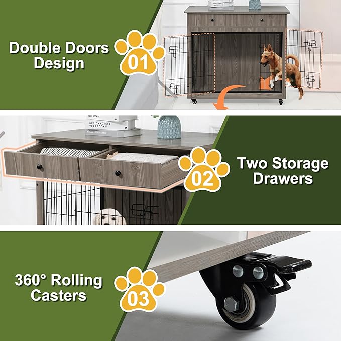 NicBex Dog Crate Furniture, 38.4" L Dog Crates for Large Dogs, Large Dog Crate with Drawers, Wooden Dog Kennel Indoor Pet Crate for Small Medium Large Dog, Grey