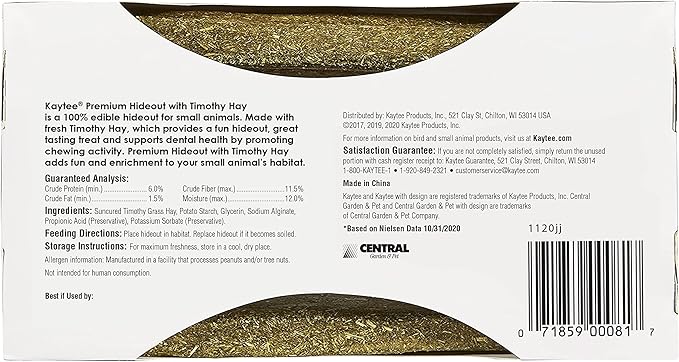 Kaytee Premium Timothy Treat Hideout For Pet Hamsters, Gerbils, and Mice, Small
