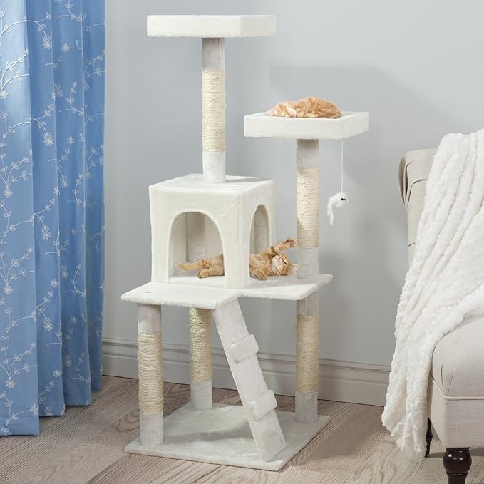 4-Tier Cat Tower - Napping Perches, Cat Condo with Ladder, 5 Sisal Rope Scratching Posts, Hanging Toy – Cat Tree for Indoor Cats by PETMAKER (White)