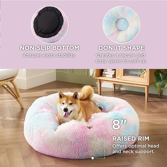 Bedsure Calming Dog Bed for Medium Dogs - Donut Washable Medium Pet Bed, Anti-Slip Round Fluffy Plush Faux Fur Cat Bed, Fits up to 45 lbs Pets, Multi-colored, 30 inches