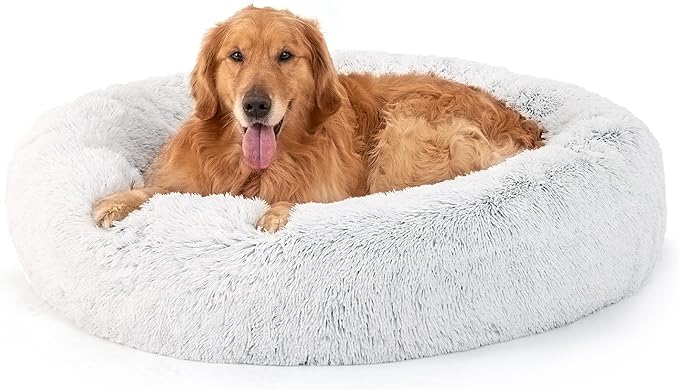 Bedsure Calming Dog Bed for Extra Large Dogs - Donut Washable Large Pet Bed, 45 inches Anti-Slip Round Fluffy Plush Faux Fur Dog Bed, Fits up to 125 lbs Pets, Frost Grey