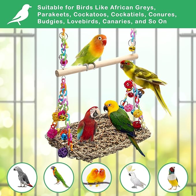 Bird Swing Toys with Wood Perch, AHIER Bird Seagrass Woven Hammock Swing Mat Bird Climbing Hammock Bird Perch Stand Chewing Toy for Parakeets, Budgie, Conure, Cockatiel, Lovebird