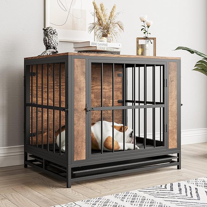 Dog Crate Furniture, Metal and Wooden Dog Crate, Dog Kennels with 3 Doors Indoor, Pet Puppy Crate End Table for Medium/Small Dog, Heavy Duty Dog House, Rustic Brown and Black