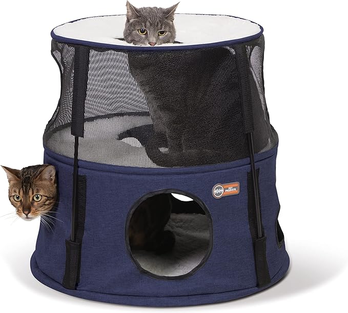 K&H Pet Products Cat Tower Tree Condo for Indoor Cats, Modern Cute Cat Hammock Bed, Kitten & Adult House Activity Center Playground Tree Cave Large Cozy Hideaway - 2 Level Denim 22 X 20