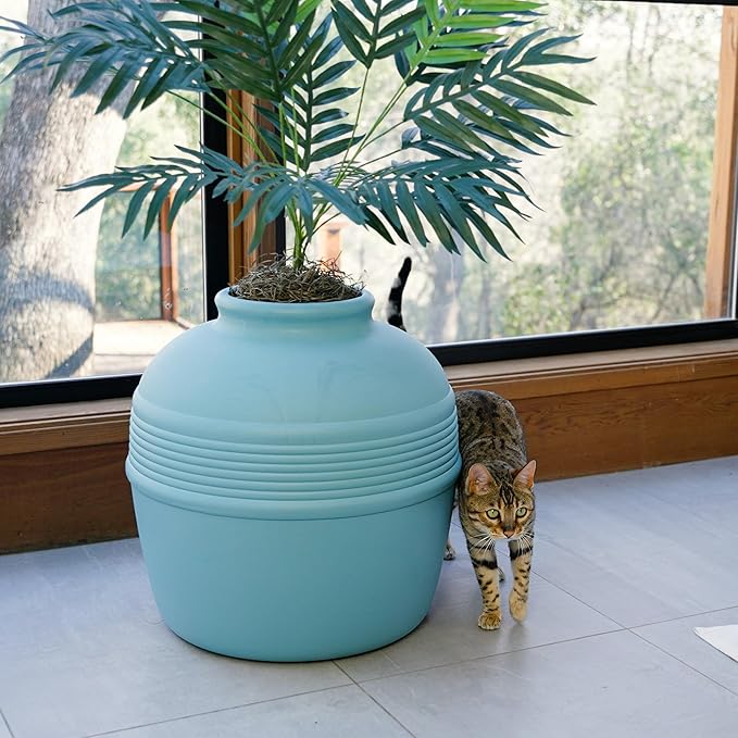 Good Pet Stuff, The Original Hidden Litter Box Base Kit, Round Enclosed Cat Litter Box Planter with Artificial Plants, Vented Carbon Odor Filter System, Florist Moss, Easy to Clean, Caribbean Blue