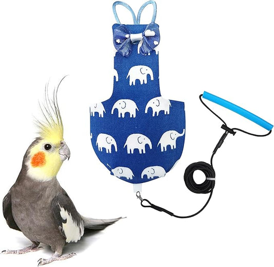 VANFAVORI Bird Diaper Harness Flight Suit Clothes with 80 Inch Flying Leash for Parrots Cockatiel Pet Birds Including A Cotton Pad, S Size, Elephant