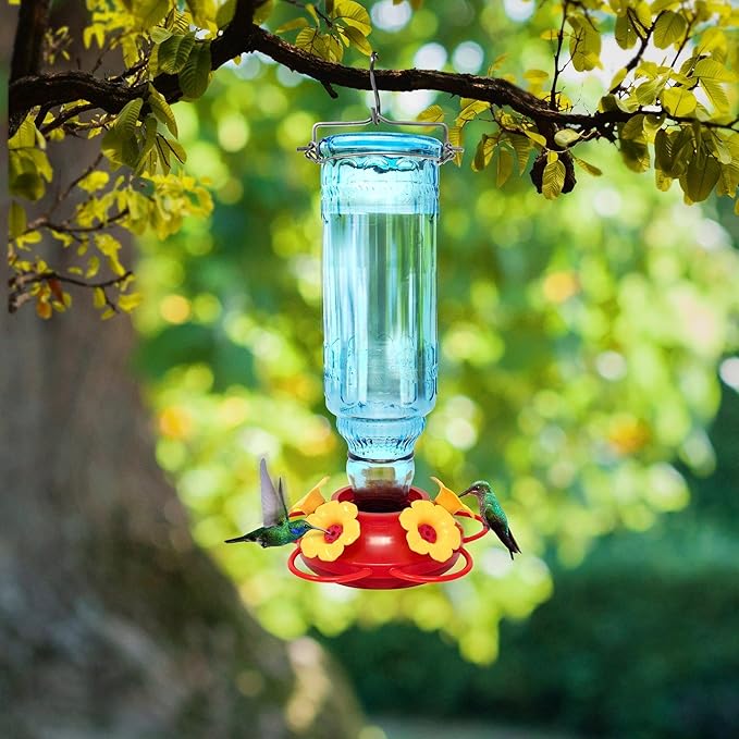 Superior Effect Hummingbird Feeder for Outdoors Patio Wild Bird Feeder with 5 Feeding Ports for Birds Antique Glass Feeder Garden Backyard Decorative, Blue Color Easy Setup Bird Feeder