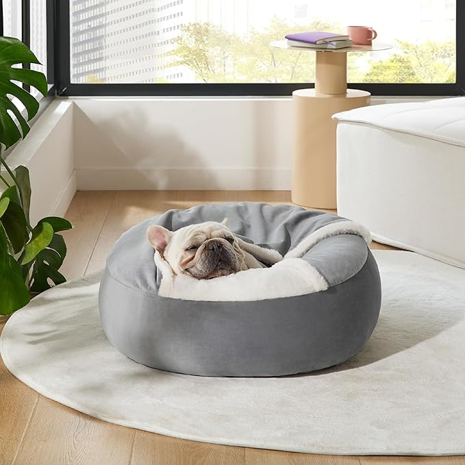 Lesure Medium Dog Bed with Cover Cave - Covered Round Dog Bed for Small and Medium Dogs, Machine Washable Burrow Pet Bed with Hooded Blanket, Cuddler Cozy Cave Dog Bed with Anti-Slip Bottom, Grey 26"