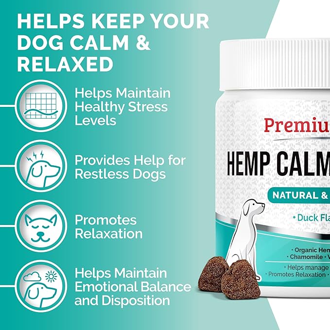 PREMIUM CARE Hemp Calming Chews for Dogs Anxiety, Made in USA, 9.3 oz (264g), Duck-Flavored, 120 count