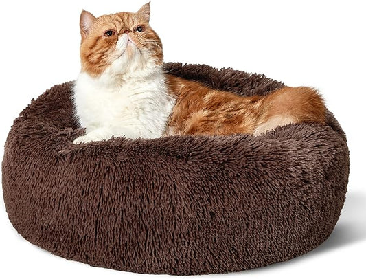 Bedsure Calming Cat Beds for Indoor Cats - Small Cat Bed Washable 20 inches, Anti-Slip Round Fluffy Plush Faux Fur Pet Bed, Fits up to 15 lbs Pets, Coffee