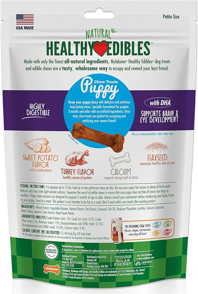Nylabone Healthy Edibles Natural Puppy Chews Long Lasting Turkey & Sweet Potato Flavor Treats for Dogs, X-Small/Petite (16 Count)