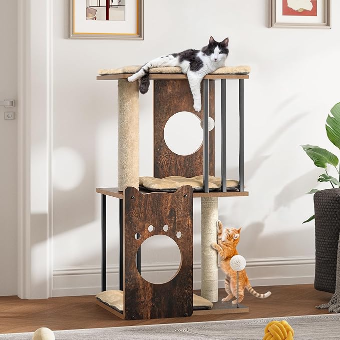 YITAHOME 35.6in 3-Level Modern Cat Tree for Large Indoor Cats, Wooden Cat Tower with Scratching Posts, Detachable Cushions, Spring Ball, Pom-pom, Rustic Brown