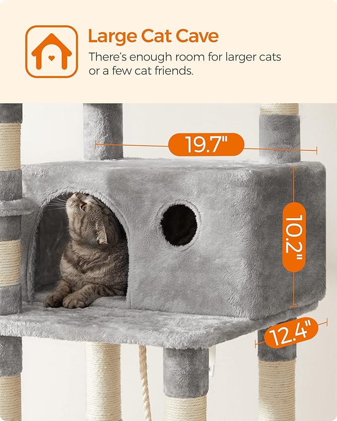 FEANDREA Cat Tree, Large Cat Tower, 64.6 Inches, Cat Activity Center with Hammock, Basket, Removable Fur Ball Sticks, Cat Condo, Light Gray UPCT087W01