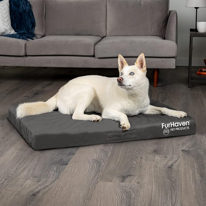 Furhaven Water-Resistant Orthopedic Dog Bed for Large Dogs w/ Removable Washable Cover, For Dogs Up to 95 lbs - Indoor/Outdoor Logo Print Oxford Polycanvas Mattress - Stone Gray, Jumbo/XL