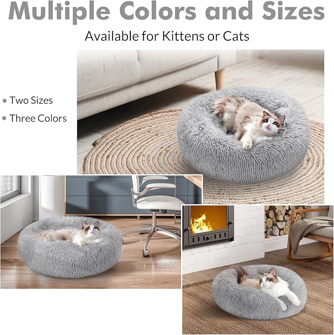 rabbitgoo Cat Beds for Indoor Cats, 24 inches Cat Bed Machine Washable, Fluffy Round Pet Bed Non-Slip, Calming Soft Plush Donut Cuddler Cushion Self Warming for Small Dogs Kittens, Light Grey, Large