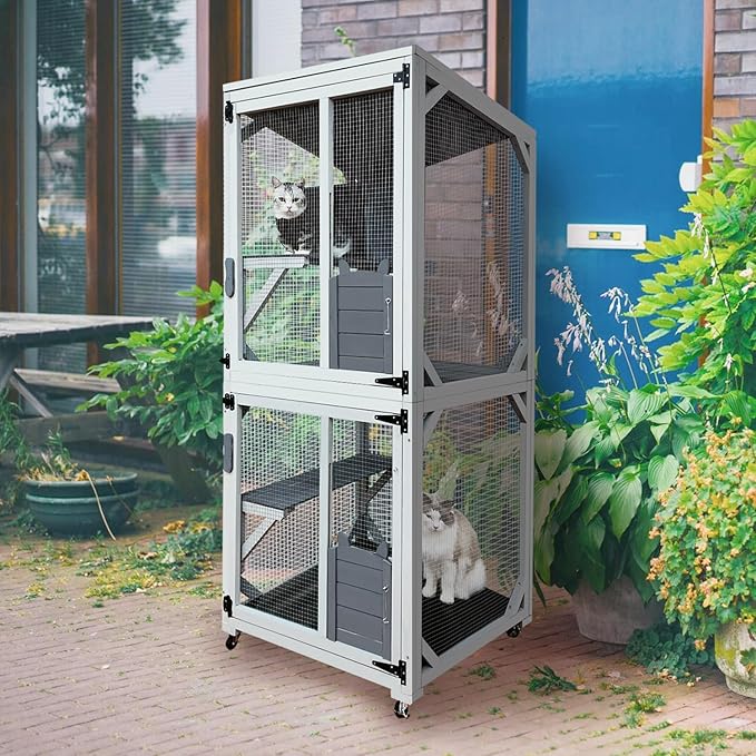 71 Inch Wooden Catio Outdoor Cat Enclosure on Wheels, Luxury Kitty-House with 4 Platforms & Weatherproof Asphalt Roof, Kitty Condo Cage Shelter Playpen with Sliding Doors