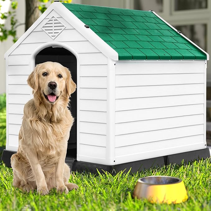 DWVO Large Plastic Dog House, Weatherproof Outdoor/Indoor Doghouse, Puppy Kennel with Air Vents and Elevated Floor, 41.3''L*38''W*38.8''H, Green