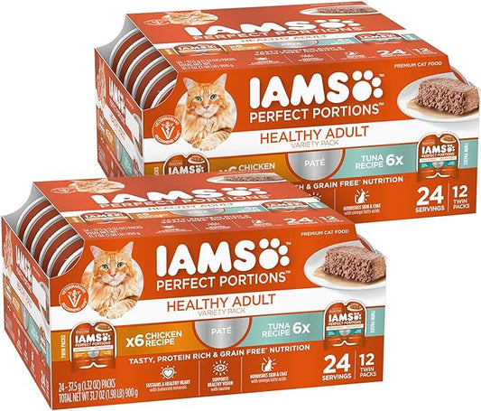 IAMS Perfect Portions Healthy Adult Wet Cat Food with Chicken and Tuna Recipe Variety Pack, Easy Peel Twin-Pack Trays, Pack of 24 (48 Total Servings)