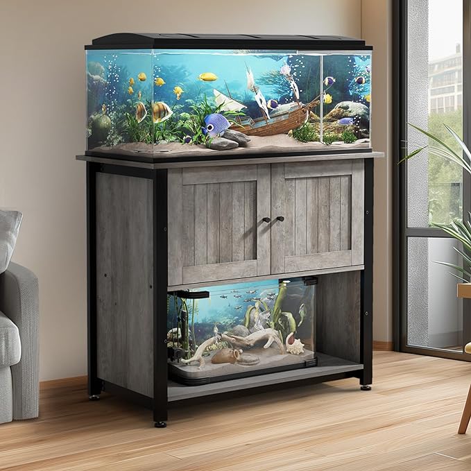 40-50 Gallon Fish Tank Stand with Cabinet, Metal Aquarium Stand for Accessories Storage, Reptile Tank Turtle Terrariums Table Bearable 1000LBS, Accommodates 2 Aquariums