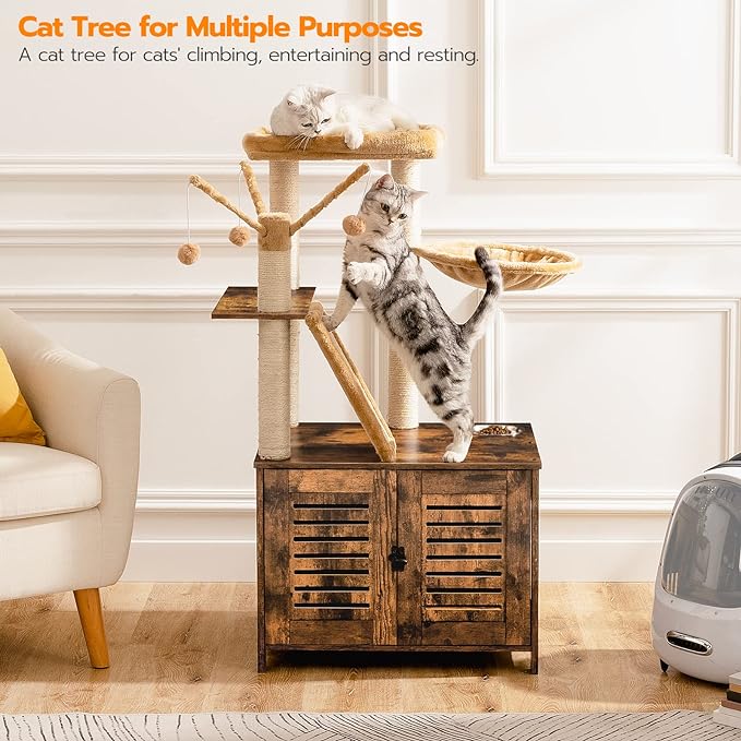 HOOBRO Cat Tree with Litter Box Enclosure, 44" Tall Wooden Cat Tower with Scratching Posts, Cat Hammock, Hidden Litter Box Furniture, All-in-One Indoor Cat Condo, Rustic Brown FG48MZ03